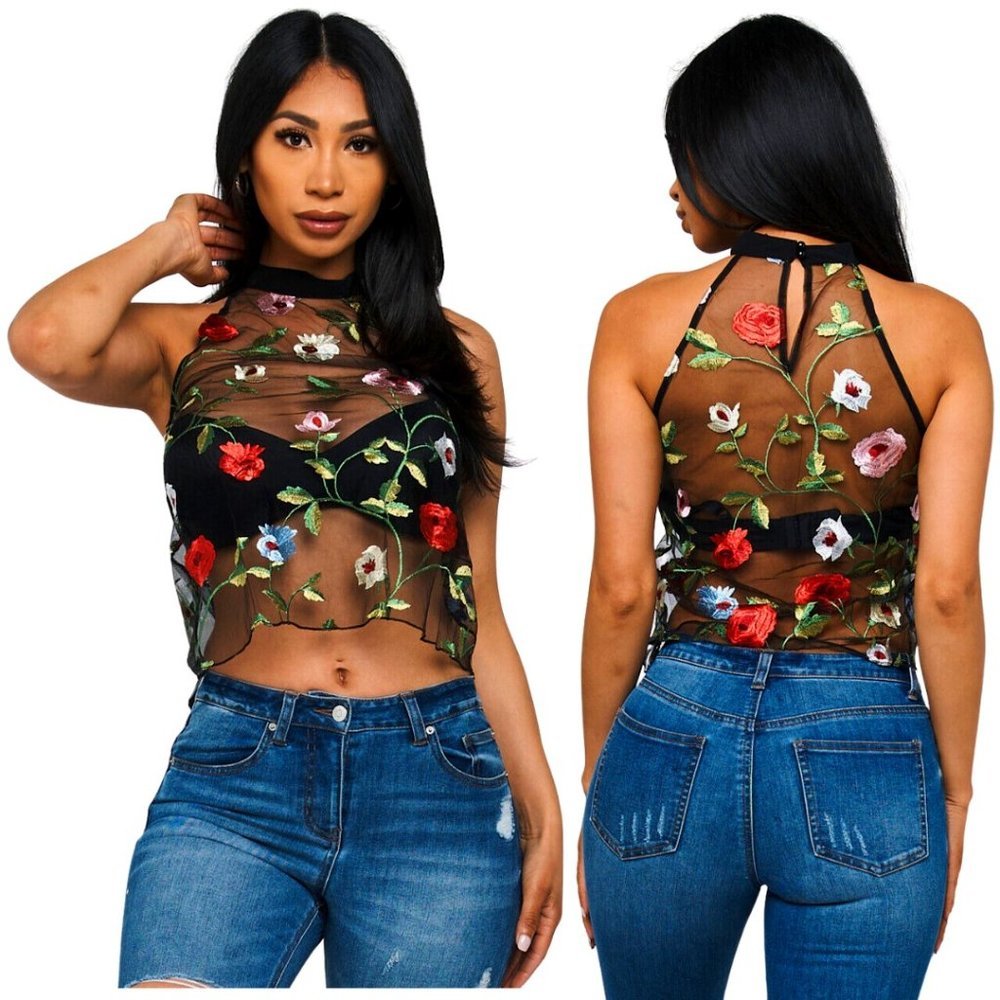 NWT Floral Blouse Sheer Black Mesh Embroidered Flower Print Sleeveless Shirt Top